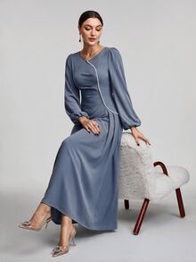 Veilorie 女士纯色圆领长袖仿珍珠装饰简约休闲阿拉伯朴素连衣裙长款晚礼服 - 霧霾藍 - 查看 2