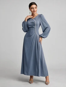 Veilorie 女士纯色圆领长袖仿珍珠装饰简约休闲阿拉伯朴素连衣裙长款晚礼服 - 霧霾藍 - 查看 7