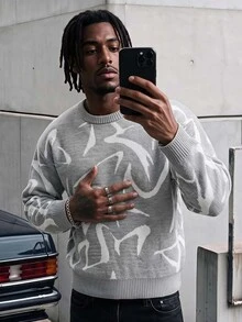 AXEPEAK Men's Casual Streetwear Crew Neck Long Sleeve Printed Sweater Date Night Beach Grey Fall - Grey - View 1