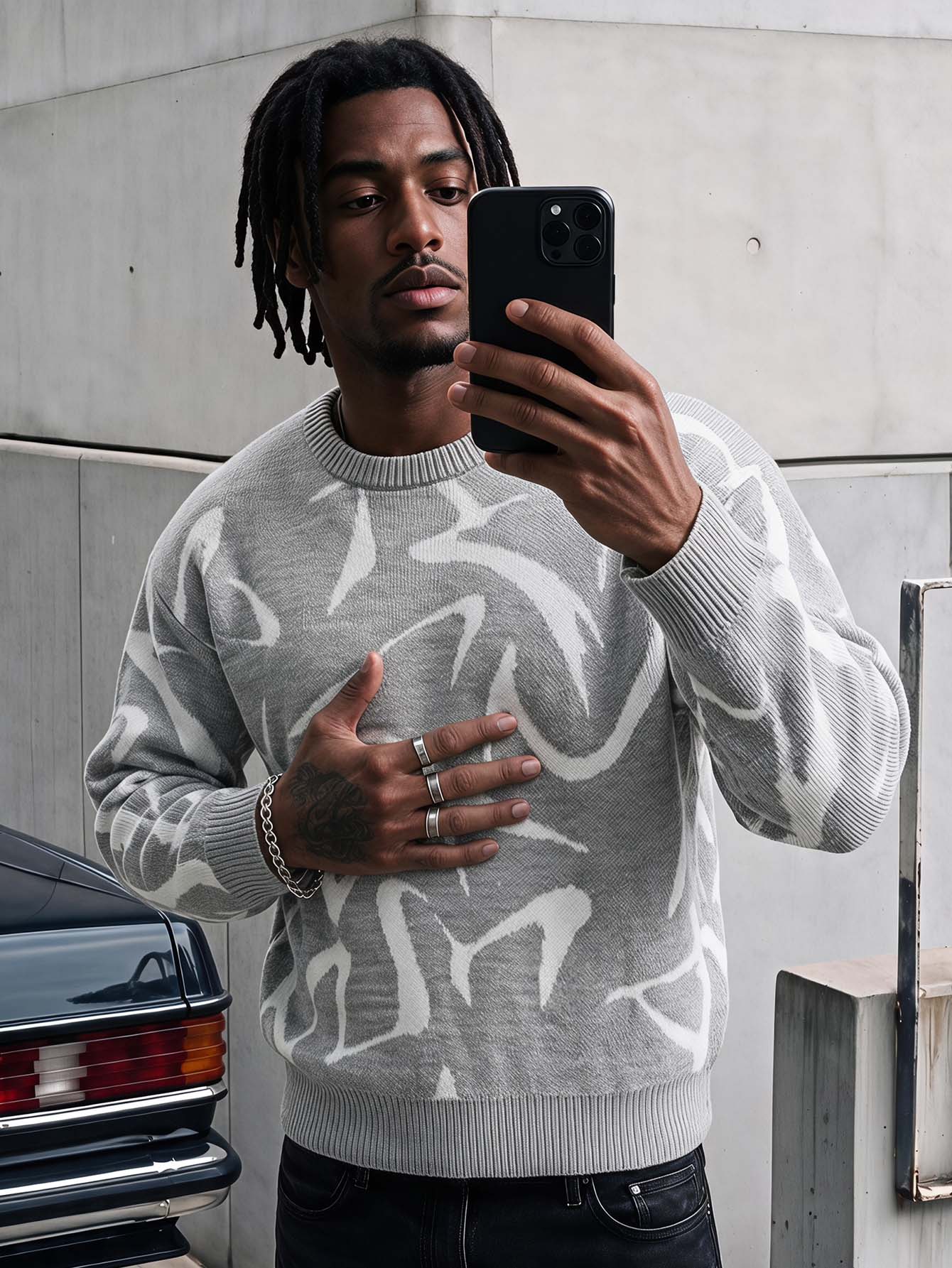 AXEPEAK Men's Casual Streetwear Crew Neck Long Sleeve Printed Sweater Date Night Beach Grey Fall - Grey - View 1