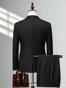 Manfinity Bizformal Men's Slim Fit Single Breasted 3 Pieces Suit For Men Blazer & Waistcoat & Pants Set, Autumn Formal Wedding Party Business Holiday, Ceremony - Black - View 2