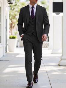 Manfinity Bizformal Men's Slim Fit Single Breasted 3 Pieces Suit For Men Blazer & Waistcoat & Pants Set, Autumn Formal Wedding Party Business Holiday, Ceremony - Black - View 7