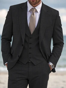 Manfinity Bizformal Men's Slim Fit Single Breasted 3 Pieces Suit For Men Blazer & Waistcoat & Pants Set, Autumn Formal Wedding Party Business Holiday, Ceremony - Black - View 5