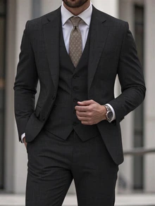 Manfinity Bizformal Men's Slim Fit Single Breasted 3 Pieces Suit For Men Blazer & Waistcoat & Pants Set, Autumn Formal Wedding Party Business Holiday, Ceremony - Black - View 6