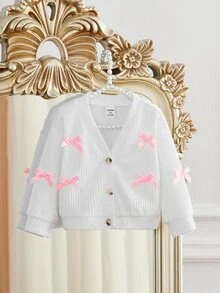 SHEIN Baby Girls 3-6M To 2-3Y White Waffle Knit Cardigan Pink Bow Button Front Cute Casual Soft Daily Wear - White - View 4