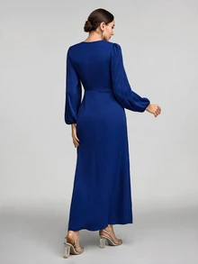 Veilorie Women V-Neck Lantern Sleeve Faux Pearl Decor Maxi Elegant Modest Long Sleeve Abaya Long Evening Dresses - Royal Blue - View 7