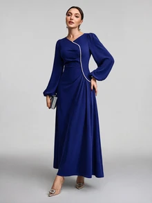 Veilorie Women V-Neck Lantern Sleeve Faux Pearl Decor Maxi Elegant Modest Long Sleeve Abaya Long Evening Dresses - Royal Blue - View 4