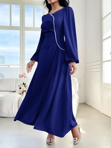 Veilorie Women V-Neck Lantern Sleeve Faux Pearl Decor Maxi Elegant Modest Long Sleeve Abaya Long Evening Dresses - Royal Blue - View 11