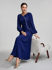 Veilorie Women V-Neck Lantern Sleeve Faux Pearl Decor Maxi Elegant Modest Long Sleeve Abaya Long Evening Dresses - Royal Blue - View 2