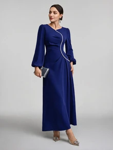 Veilorie Women V-Neck Lantern Sleeve Faux Pearl Decor Maxi Elegant Modest Long Sleeve Abaya Long Evening Dresses - Royal Blue - View 3