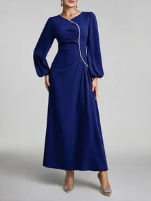 Veilorie Women V-Neck Lantern Sleeve Faux Pearl Decor Maxi Elegant Modest Long Sleeve Abaya Long Evening Dresses - Royal Blue - View 5