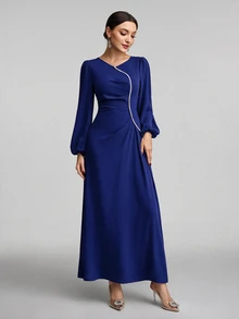 Veilorie Women V-Neck Lantern Sleeve Faux Pearl Decor Maxi Elegant Modest Long Sleeve Abaya Long Evening Dresses - Royal Blue - View 6