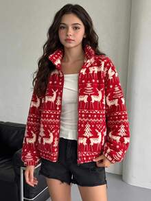 SHEIN 1pc Tween Girl Tween Girl' Stand Collar Zip-Up Fur-Trimmed Jacket With All-Over Floral Print, Casual Jacket Top For Autumn/Winter - Burgundy - View 1