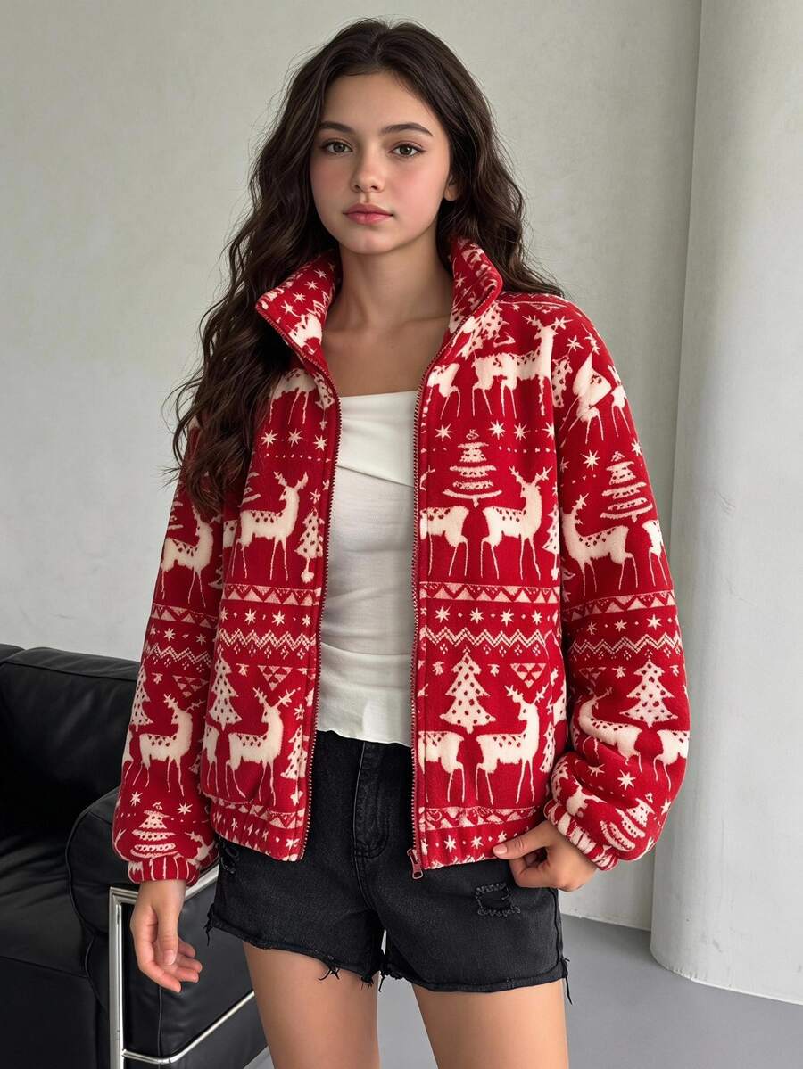 SHEIN 1pc Tween Girl Tween Girl' Stand Collar Zip-Up Fur-Trimmed Jacket With All-Over Floral Print, Casual Jacket Top For Autumn/Winter - Burgundy - View 1