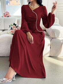 Veilorie 勃艮第红色女士秋季 V 领灯笼袖褶皱长裙优雅阿拉伯秋季朴素长袖连衣裙栗色连衣裙优雅长款晚礼服 - 酒紅色 - 查看 11
