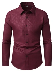 Manfinity Mode Manfinity Casual Cool Men's Solid-Color Simple Button-Down Long-Sleeve Shirt , Effortlessly Style , A Perfect Gift For Husbands, Ideal For Formal, Old Money - Burgundy - View 4