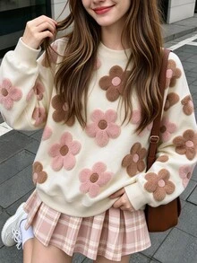 女童寬鬆可愛圓領毛絨花卉印花衛衣，休閒長袖落肩套頭上衣，米白色，適合家庭、學校、秋季 - 彩色 - 查看 3