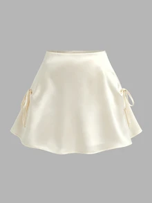 Sweetra Plus Size Early Autumn Satin Tie Bow Decor Mini A-Line Skirt Fall - Apricot - View 9
