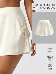 Sweetra Plus Size Early Autumn Satin Tie Bow Decor Mini A-Line Skirt Fall - Apricot - View 1