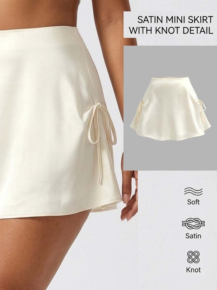 Sweetra Plus Size Early Autumn Satin Tie Bow Decor Mini A-Line Skirt Fall - Apricot - View 1