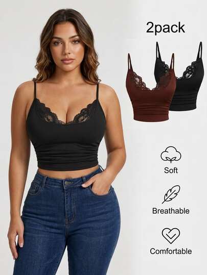 Sweetra European Women's Plus Size Lace Camisole Patchwork Cropped Backless Versatile Slimming 2 Pieces Top Set