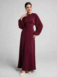 Modelyn Women's Solid Color Round Neck Lantern Sleeve Elegant Dress Long Evening Dresses - Burgundy - View 6