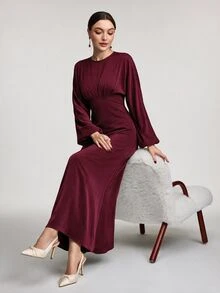 Modelyn Women's Solid Color Round Neck Lantern Sleeve Elegant Dress Long Evening Dresses - Burgundy - View 3