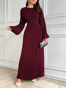 Modelyn Women's Solid Color Round Neck Lantern Sleeve Elegant Dress Long Evening Dresses - Burgundy - View 8