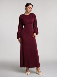 Modelyn Women's Solid Color Round Neck Lantern Sleeve Elegant Dress Long Evening Dresses - Burgundy - View 5
