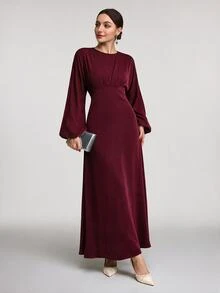 Modelyn Women's Solid Color Round Neck Lantern Sleeve Elegant Dress Long Evening Dresses - Burgundy - View 2