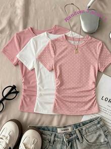 Teen Girls Simple Round Neck Ruched Waist Fitted Short Sleeve T-Shirt, Versatile Style For Spring And Summer - Multicolor - View 1