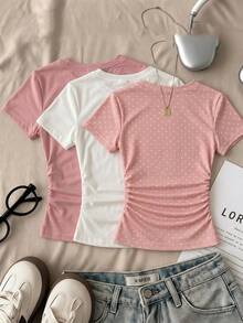 Teen Girls Simple Round Neck Ruched Waist Fitted Short Sleeve T-Shirt, Versatile Style For Spring And Summer - Multicolor - View 2