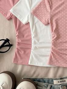 Teen Girls Simple Round Neck Ruched Waist Fitted Short Sleeve T-Shirt, Versatile Style For Spring And Summer - Multicolor - View 3