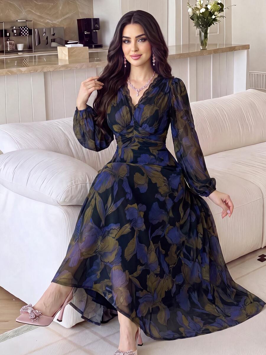 Modelyn Women's Elegant Romantic Party Night Dinner Floral Print Dress Black Fall