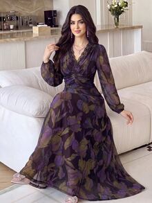 Modelyn 女款花卉印花對比蕾絲長袖優雅洋裝 - 彩色 - 查看 1