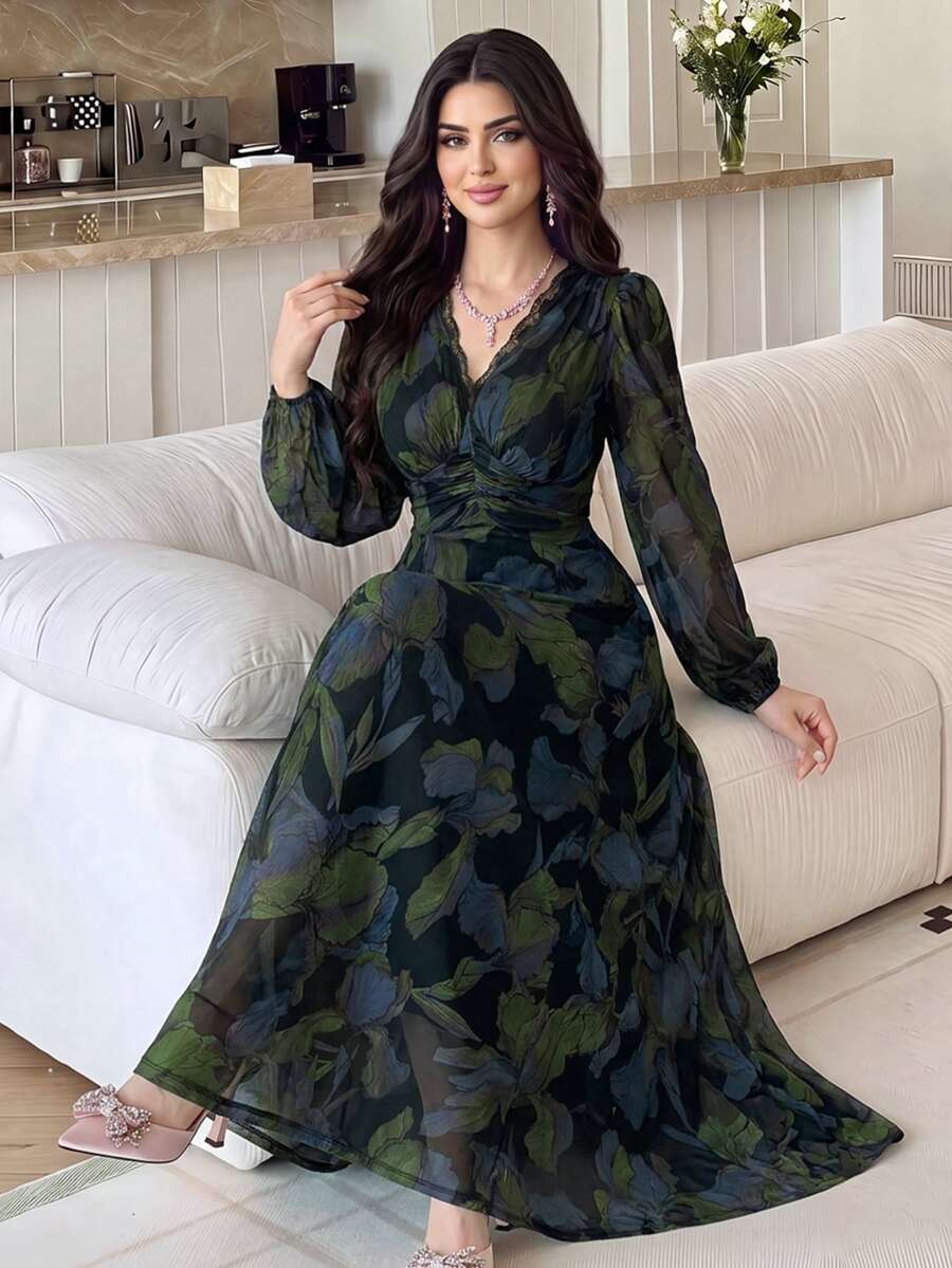 Modelyn Women's V-Neck Lace Patchwork Floral Print Elegant Waist Cinched Long Party Dress