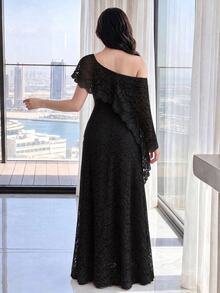 Modelyn 女款優雅不對稱單肩長洋裝，適合派對、晚宴、晚餐之夜，夏季女裝，婚禮、黑色花卉、萬聖節 - 黑色 - 查看 3