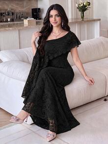 Modelyn 女款優雅不對稱單肩長洋裝，適合派對、晚宴、晚餐之夜，夏季女裝，婚禮、黑色花卉、萬聖節 - 黑色 - 查看 5