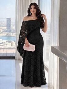 Modelyn 女款優雅不對稱單肩長洋裝，適合派對、晚宴、晚餐之夜，夏季女裝，婚禮、黑色花卉、萬聖節 - 黑色 - 查看 2