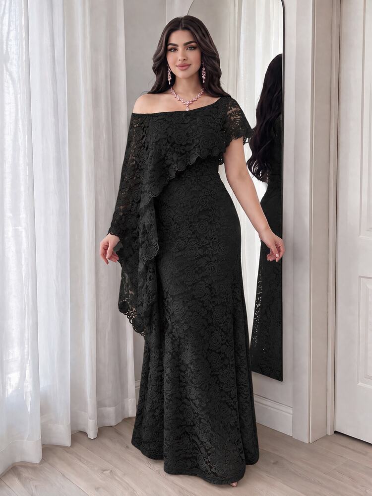 Modelyn Women's Elegant Asymmetrical Shoulder Long Dress For Party Party Night Dinner Night,Summer Dresses For Women Wedding Black Floral Halloween - Black - View 5