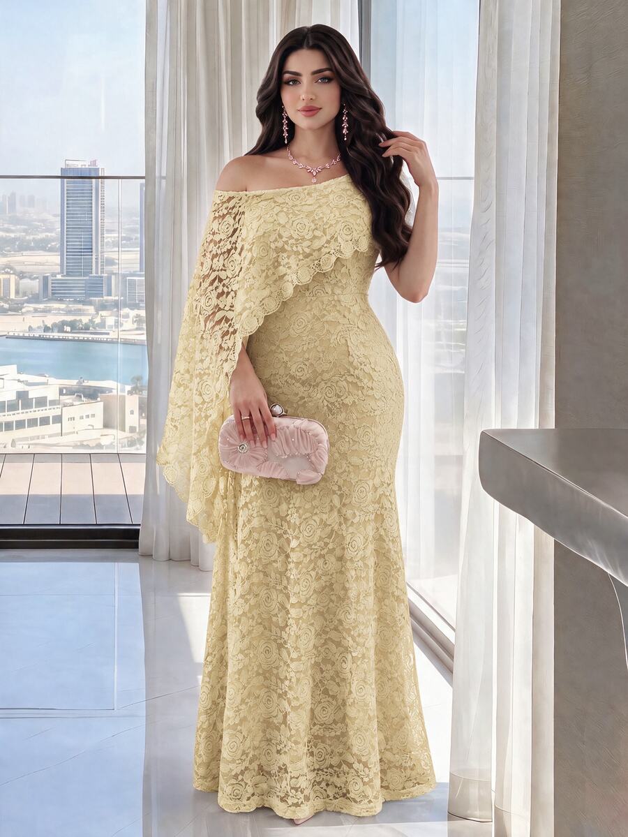 Modelyn Women's Solid Color Minimalist Romantic Elegant Lace Asymmetric Neck Long Dress, Casual Everyday Wear, Summer Wedding Dinner Night Champagne