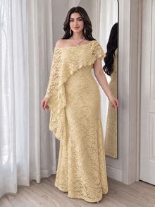 Modelyn Women's Solid Color Minimalist Romantic Elegant Lace Asymmetric Neck Long Dress, Casual Everyday Wear, Summer Wedding Dinner Night Champagne - Light Yellow - View 5