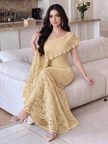 Modelyn Women's Solid Color Minimalist Romantic Elegant Lace Asymmetric Neck Long Dress, Casual Everyday Wear, Summer Wedding Dinner Night Champagne - Light Yellow - View 4