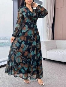 Modelyn 女款全花卉印花蕾絲拼接領口休閒日常長洋裝 - 彩色 - 查看 6
