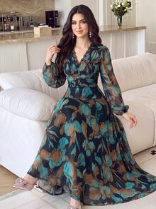 Modelyn 女款全花卉印花蕾絲拼接領口休閒日常長洋裝 - 彩色 - 查看 1