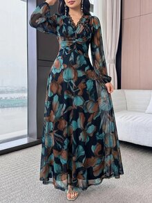Modelyn 女款全花卉印花蕾絲拼接領口休閒日常長洋裝 - 彩色 - 查看 2