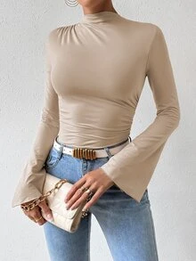 RosyDaze Mono de mujer de unicolor de manga larga, con acanalado, ajuste ceñido, para uso diario casual - Albaricoque - Ver 8