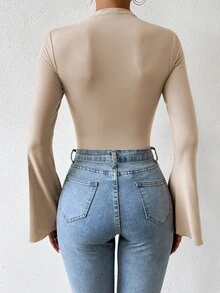 RosyDaze Mono de mujer de unicolor de manga larga, con acanalado, ajuste ceñido, para uso diario casual - Albaricoque - Ver 3