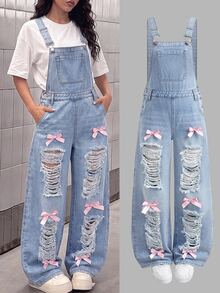 SHEIN Teen Girls Light Blue Distressed Loose Fit Denim Overalls Cowgirl Going Out Concert Outfit For Girl Cutecore - Blue - View 2