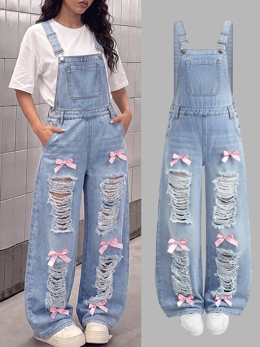 SHEIN Teen Girls Light Blue Distressed Loose Fit Denim Overalls Cowgirl Going Out Concert Outfit For Girl Cutecore - Blue - View 1